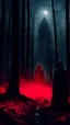 Placeholder: Through the gloomy forest, surrounded by strange gloomy figures in black robes, a red light appears from the gloomy black sky, which descends on an eerie grave in the middle of the forest in realistic film style