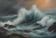 Placeholder: Romantic painting of a stormy sea, with dramatic lighting and powerful waves. Use the colours teal, blue, black, navy, grey, red and orange for highlights. Include a cliff face.