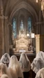 Placeholder: 7 sisters wearing lace veil praying in church.cinematic.