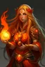 Placeholder: Female eladrin druid with fire abilities. Fire textured long golden hair. Big red eyes with touch of fire .