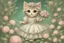 Placeholder: an anthropomorphic, kitten bride happily throwing a bouquet in a beautiful garden. The kitten has fluffy fur in shades of light brown and grey with distinct tabby markings on its face. Its large, expressive eyes are a deep emerald green and it has a small, pink nose. The kitten is wearing embroidered white lace bride dress, tulle, gemstones, pearls, adorning the hem and bodice. Behind her, a celebrating crowd, cats and people dressed in elegant clothes, wedding food and cake on the tables. Behin