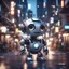 Placeholder: unreal engine render of a cute tiny robô in a busy, micro parts chromed, crowded city at night, cute eyes, volumetric lighting