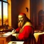 Placeholder: leonardo da vinci works in his study on a laptop at his desk. painting in photoshop. hyperdetailed, warm colors, movie poster, photoillustration, oil on canvas, lens flare