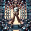Placeholder: make a picture pretty stage made of metallic cyan-gray teme 3d fractal recursive cubic and sphere base structures and a beautiful fashion model lady posing with cute,with baggy style pants with a tight shirt and jacket,silver high heels ,makeup curvy long hair,dynamic camera zoom to full body and pan, dynamic lights.