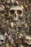 Placeholder: a picture of a dark, comedic, anatomically correct wall of colorful tightly packed skulls of varying sizes and expressions, photo realistic, insanely meticulous, highly detailed, part of a collection of bones on display, 64k, dystopian, vray stained glass