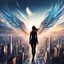 Placeholder: In a world where the sky is the new frontier, “AeroDynamica” emerges as the embodiment of progress and freedom. This digital artwork captures a futuristic girl, her silhouette sleek against the cityscape, with wings that are a marvel of bioengineering. They unfurl with a grace that belies their intricate design, a fusion of organic curves and cutting-edge technology. “AeroDynamica” is not just a figure; she’s a statement about the potential within us all to soar beyond our limits and explore the