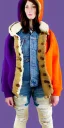 Placeholder: Brunette woman.thick thighs,thick calves,normal bodytype. big head. Mantle is sewed of upcycled Denim and sewed together of camouflage pieces. Pieces' color are orange, cream and purple. It is with big bright purple felt tippet and cream-colored-hood. mantle is merged with satchel, ochre. Big AKG-style headphones (gold rings!) is merged with small felt cap with small visor. Style: Haute Couture in 1920's, N.Y.C fashion in 2024, inspired by street art. Cream latex gaiter. Tennis shoes!