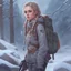 Placeholder: survival; digital art; teenager; female; cute; pretty; ashen hair; braids; mismatched eyes; two eye colors; heterochromia iridum eyes; soft details; soft light; winter clothes; mismatched clothes; backpack; scouting; rifle;