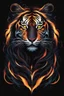 Placeholder: Captivating minimalist illustration of cosmic tiger, made up of intricately intertwined black flames. Her intense, bright eyes draw the viewer into her mesmerizing gaze, the pulsing energy of each flame creating a euphoric symphony within the heart. Dark background,the bright striped tail adds depth and dimension to the scene,evoking a feeling of dark fantasy, intriguing and mysterious aura. Vector pop art cinematic piece masterfully combines light and shadow, leaving the viewer in awe.Full body