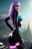 Placeholder: Futuristic fantasy assassin, portrait from waist up, physically fit, latex and leather attire, blue eyes, pastel hair, intricate eyeliner, vibrant eyeshadow, clear completion, soft lighting, 4k resolution, intricate details, insanely detailed, colorful cityscape background, masterpiece, expert, cinematic smooth, retroanime style, realistic details, no helmet