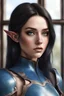 Placeholder: beautiful pale female, half elf, black silky straight shoulder length hair, blue leather armor with white frills, shoulder to waist belt, brown travelling boots, standing near window, plant on pot, brown dark eyes, realism, realistic, photorealistic, fullbody shot
