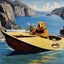 Placeholder: [Jason and the Argonauts (1963)] super bear in the jun with a blue costume and a companion giant bee, in a boat