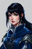 Placeholder: portrait; semi-realistic; solid background; dungeons and dragons; human; female; glossy black hair; blue eyes; noble; scholar; blue and silver clothes