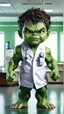Placeholder: Little baby hulk, full portrait looking at the camera realistically, in a doctor's office dressed as a doctor in 8K UHD resolution