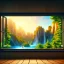 Placeholder: desk, parquet, sheet of paper, little pen, in front of a huge picture window with large view on a waterfall with warm light, sunset ,pixar style, panorama, nature, globe, HD, Hallelujah mountains