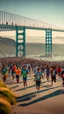 Placeholder: A lot of people running on San Francisco golden bridge , escaping an ufo alien attack above