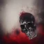 Placeholder: abstract photographic camera mixed with skull in dirty style. fog and smoke in atmosphere. bokeh, lens flare. Dark mood. Dripping paint. oil on canvas, mixed media, high detailed.