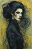 Placeholder: create full body oil pastel of a dark haired, savage, gothpunk vampire girl with highly detailed , sharply defined hair and facial features set against a swirling chaotic background, in the style of ODILON REDON and JEAN-FRANCOIS MILLET