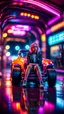 Placeholder: dragster woman sitting on a hipster car parked in dark neon lit reflective wet arcade hall tunnel,bokeh like f/0.8, tilt-shift lens 8k, high detail, smooth render, down-light, unreal engine, prize winning