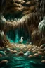 Placeholder: A cave with covered with waterfalls under water beast creature among organic eggs ,