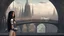 Placeholder: Exotic sci-fi skinny girl, with long dark hair, in an alien city, tall spires, buildings, bridges, and arches