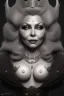 Placeholder: Mae West as evil queen in black leather, leather, busty, cleavage, angry, stern look. character design by cory loftis, fenghua zhong, ryohei hase, ismail inceoglu and ruan jia. unreal engine 5, artistic lighting, highly detailed, photorealistic, fantasy