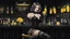 Placeholder: gray-toned, contrasting graphics, a lady in a black casual dress, black lace nice nylon stockings sitting on a bar chair in bar, holding a yellow mimosa cocktail in her long black gloved hand, atmospheric, strong contrasts, shadowy background, focus on the hand holding the cocktail, moody, pale ligts, anime style, cinematic