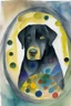 Placeholder: abstract watercolour of a black Labrador dog’s head in the style of paul klee with bifurcated circles