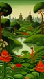 Placeholder: A green swamp with fiery orange lilies near a city designed in Japanese Oni masks painted by Henri Rousseau