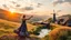 Placeholder: a lady dancing to camera in village over high grassy hills,a small fall and river and wild flowers at river sides, trees houses ,next to Ripe wheat ready for harvest farm,windmill ,a pretty train is arriving to station along river,a few village local shops ,cloudy sun set sky