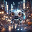 Placeholder: unreal engine render of a cute tiny robô in a busy, micro parts chromed, crowded city at night, cute eyes, volumetric lighting