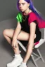 Placeholder: Billie Eilish, sitting on a chair, Black Short Dress, high detail, realistic