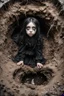 Placeholder: Closeup petit Girl goth with big eyes, fullbody, ragged clothes, extended like roots, the perspective looking up from the bottom of an empty well ,under mud and rats, 8k,macro photography,