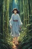 Placeholder: full color front facing full body portrait of a spirit possessed girl with highly detailed hair and slim, narrow facial features, trekking through haunted mountain bamboo forest, pierced by shafts of early evening light , danger lurks everywhere but she is undeterred and resolute in her purpose, art in the style of spirited away, studio ghibli, 8k , finely detailed and precise line work, soft gauzy pastel colors