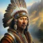 Placeholder: stunning 3D render of a painting in the style of Rembrandt featuring Winnetou, the chief of the Aachen tribe. Winnetou is depicted as a noble and wise leader, adorned with intricate feathers and a colorful headdress. The background portrays a vast, rugged landscape with a rocky mountain range and a serene lake, casting a warm golden glow. The overall atmosphere is a mix of both realism and dreamlike fantasy, reflecting Rembrandt's masterful use of light and shadow., illustration, 3d render, pain