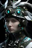 Placeholder: beautiful faced young white birdwoman biomechanical voidcore shaman adorned with filigree bronze patinated dust textured shamanism biomechanical leather filigree hat headdress wearing goth punk shamanism bronze and platina colour gradient biomechanical black mercury chain lace ribbed leather jacket embossed art nouveau florals, azurite, onix stone jade pearls ornated jacket organic bio spinal ribbed detail of biomechanic gothica extremely detailed hyperrealistic filigree concept portrait