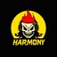 Placeholder: minimalist logo for rock band jaundiced yellow text "SARDONIC HARMONY" in a futuristic font, sinister evil marshmallow head with headphones and red flames silhouette, dark negative space, stylish, wow factor