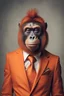 Placeholder: Orangutan dressed in an elegant orange suit with a nice tie. Fashion portrait of an anthropomorphic animal, monkey, posing with a charismatic human attitude