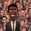 Placeholder: a portrait of smiling man. caricature. black rare hair. dark skin. black eye pupils. rectangle face shape. formal dress with black vest. pixar style. 3D. 4k. portrait. highly detailed. sharp focus. high resolution. full color. cinema lighting