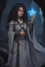 Placeholder: A female DnD character in a dark cave. A mysterious half-elf twilight cleric with dark, super curly hair and blue eyes. Wearing a grey robe with star symbols on it.