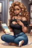 Placeholder: Create a magna art of a black chibi curvy female sitting on the floor looking at her cell phone. She is wearing tight blue jeans and a black off the shoulder blouse. Prominent make up with lush lashes. Highly detailed wavy ombre blonde and brown long hair. She is also wearing silver large hoop earrings