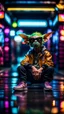 Placeholder: camera angle from feet, portrait of slick lord Gremlin myth buster pimp ninja cyber punk sitting on a hipster car parked in dark fashionably lit reflective wet arcade hall tunnel,bokeh like f/0.8, tilt-shift lens 8k, high detail, smooth render, down-light, unreal engine, prize winning