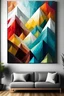 Placeholder: Create a handpainted geometric canvas painting Depict mountainous peaks using prismatic geometric shapes. on a canvas mockup in a space