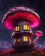 Placeholder: An illogically floating mushroom house on a clear night. white yellow pink red, Stars Dark cosmic interstellar. Detailed Matte Painting, deep color, fantastical, intricate detail, splash screen, hyperdetailed, insane depth, concept art, 8k resolution, trending on Artstation, Unreal Engine 5, color depth, backlit, splash art, dramatic, High Quality Whimsical Fun Imaginative Bubbly, perfect composition