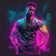 Placeholder: Hyper Realistic Glitched Sketch of Muscular Handsome Male Hip Hop Artist on a neon paper with dark futuristic background