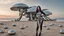 Placeholder: Wide-angle shot of a woman, standing to one side, with dark hair in a silver robotic catsuit, standing on a beach, flying mushrooms with octopus tentacles floating above her