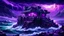 Placeholder: military outpost on a cliff overlooking the stormy seas, nighttime, storms, winter on the islands beyond the abyss, purple light in the windows, cyberpunk style