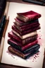 Placeholder: watercolor drawing of a stack of old burgundy books with black lace and rubies, Trending on Artstation, {creative commons}, fanart, AIart, {Woolitize}, by Charlie Bowater, Illustration, Color Grading, Filmic, Nikon D750, Brenizer Method, Side-View, Perspective, Depth of Field, Field of View, F/2.8, Lens Flare, Tonal Colors, 8K, Full-HD, ProPhoto RGB, Perfectionism, Rim Lighting, Natural Lighting, Soft Lighting, Accent Lighting, Diffraction Grading, With Imperfections
