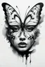 Placeholder: A realistic drawing in negative space black ink on white background of a beautiful butterfly with abstract brushstrokes face tattoos to enhance her face max enrist