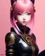 Placeholder: Detailed cute anime Kunoichi girl, pink hair buns, pink bangs, black latex bodysuit, intricate details, full body portrait, keep head in frame, slight smile, black Japanese motif, concept art, highly detailed, digital painting, concept art, sharp focus, illustration, art by Yoji Shinkawa, WLOP and greg rutkowski and alphonse mucha and artgerm and yanjun Chen and Junji ito and Makoto Shinkai, HDR, octane render